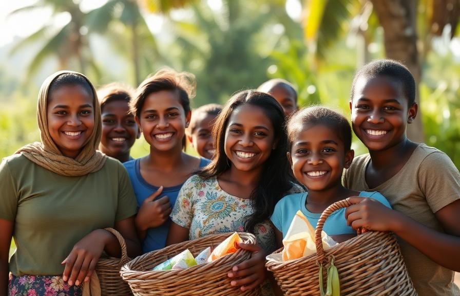 Grupo da comunidade sorrindo durante ação social