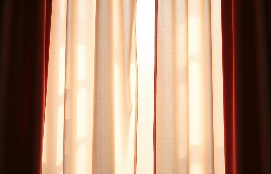 Luz suave atravessando cortinas em tons de vinho e creme